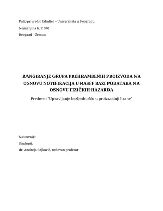 Rangiranje grupa prehrambenih proizvoda na osnovu notifikacija u rasff bazi podataka na osnovu fizičkih hazarda