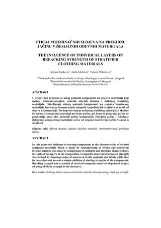 Uticaj pojedinačnih slojeva na prekidnu jačinu višeslojnih odevnih materijala