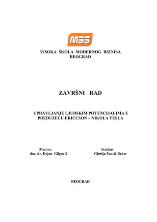 UPRAVLJANJE LJUDSKIM POTENCIJALIMA U PREDUZEĆU ERICCSON – NIKOLA TESLA