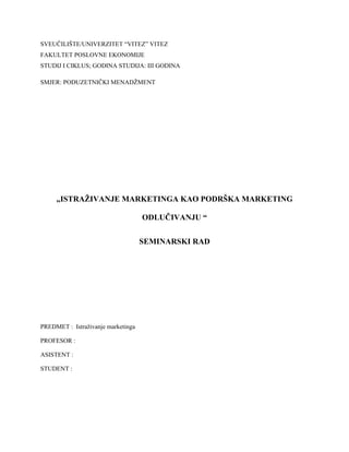 Istraživanje marketinga kao podrška marketing odlučivanju