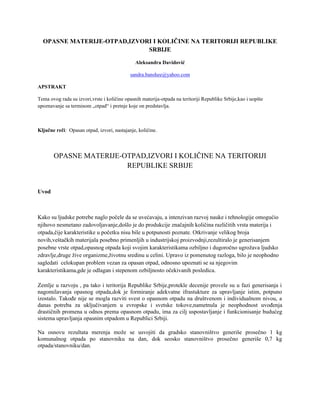 Opasne materije – Otpad, izvori,vrste i količine na teritoriji Republike Srbije