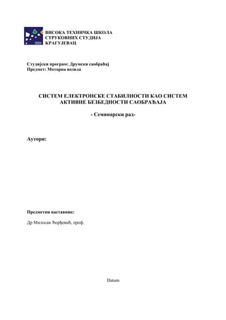 Sistem elektronske stabilnosti (esp) kao sistem aktivne bezbednosti saobraćaja
