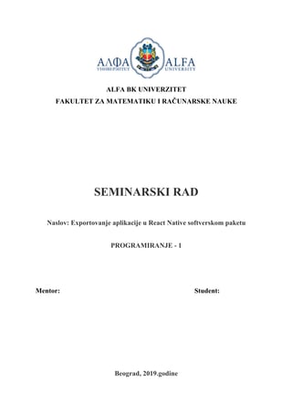 Exportovanje aplikacije u React Native softverskom paketu