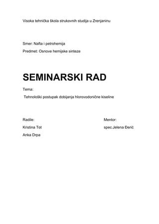 Tehnološki postupak dobijanja hlorovodonične kiseline