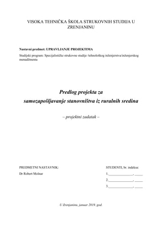 Predlog projekta za samozapošljavanje stanovništva iz ruralnih sredina