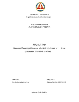 Balanced Scorecard koncept u funkciji otkrivanja krize u poslovanju privrednih društava