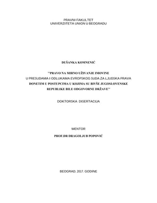 Pravo na mirno uživanje imovine u presudama Evropskog suda za ljudska prava