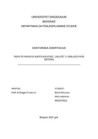 PRINCIPI PRIMENE KRIPTOGRAFSKE „VALUTE” U OBRAZOVNOM SISTEMU