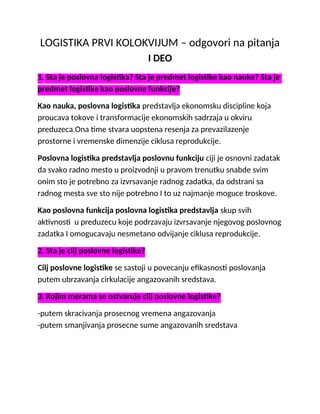 Logistika: pitanja i odgovori za prvi kolokvijum