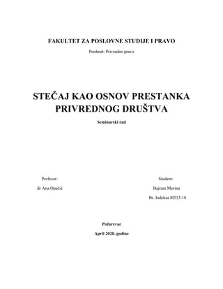 Stečaj kao osnov prestanka privrednog društva