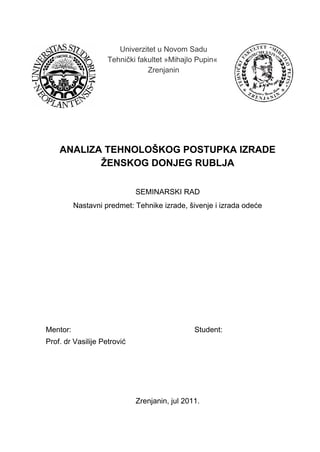 Analiza tehnološkog postupka izrade ženskog donjeg rublja