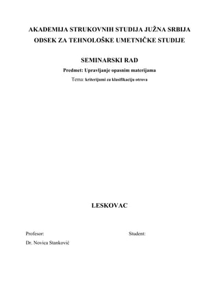 Kriterijumi za klasifikaciju otrova