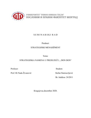 STRATEGIJSKA NAMENA U PREDUZEĆU „ DON DON“