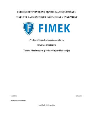 Planiranje u preduzeću(budžetiranje)