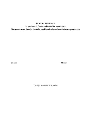 Amortizacija i revalorizacija vrijednosnih sredstava u preduzeću