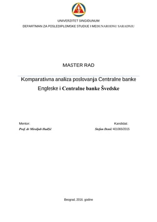 Komparativna analiza poslovanja Centralne banke Engleske i Centralne banke Švedske