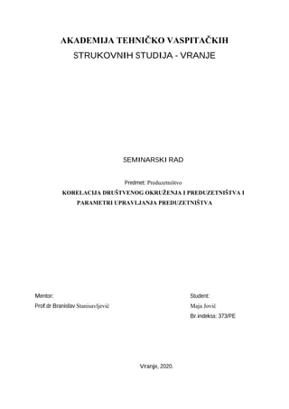 Korelacija društvenog okruženja i preduzetništva i parametri upravljanja preduzetništva