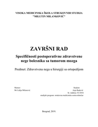 Specifičnosti postoperativne zdravstvene nege bolesnika sa tumorom mozga