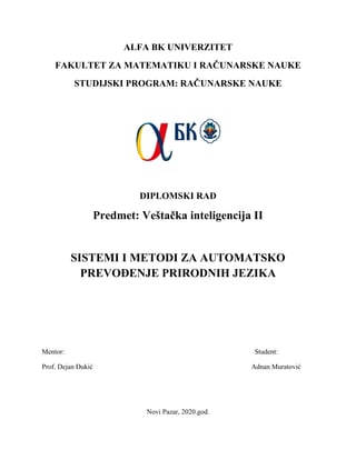 Sistemi i metodi za automatsko prevođenje prirodnih jezika: analiza mašinskog prevoda