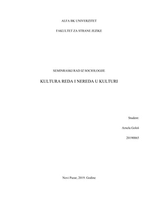 Kultura reda i nereda u kulturi: sociološki pristup