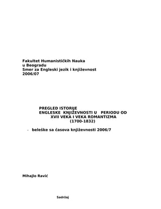Pregled istorije engleske književnosti u periodu od XVII veka i veka romantizma (1700-1832)