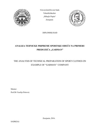 ANALIZA TEHNICKE PRIPREME SPORTSKE ODEĆE NA PRIMERU PREDUZEĆA ,,GARMAN”