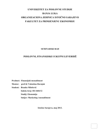Poslovni, finansijski i ukupni leveridž
