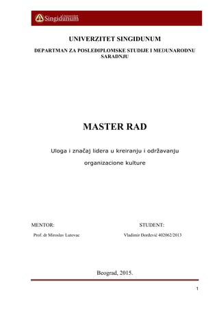 Uloga i značaj lidera u kreiranju i održavanju organizacione kulture