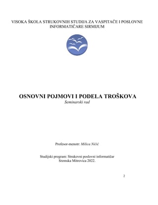 Osnovni pojmovi i podela troškova