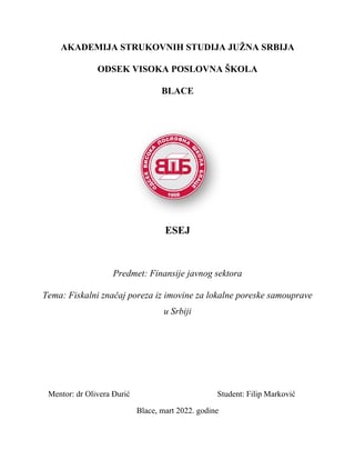 Fiskalni značaj poreza iz imovine za lokalne poreske samouprave u Srbiji