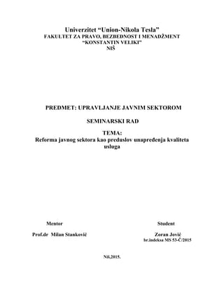 Reforma javnog sektora kao preduslov unapređenja kvaliteta usluga