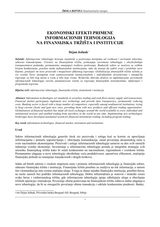 Ekonomski efekti primene informacionih tehnologija na finansijska tržišta i institucije