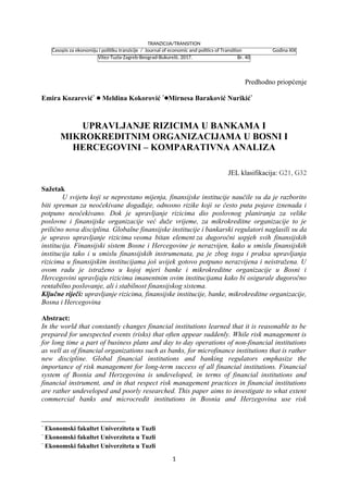 UPRAVLJANJE RIZICIMA U BANKAMA I MIKROKREDITNIM ORGANIZACIJAMA U BOSNI I HERCEGOVINI – KOMPARATIVNA ANALIZA