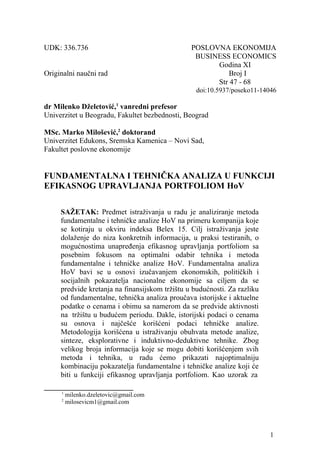 Fundamentalna i tehnička analiza u funkciji efikasnog upravljanja portfoliom HoV
