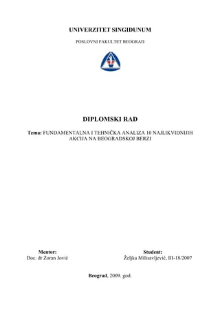Fundamentalna i tehnička analiza 10 najlikvidnijih akcija na beogradskoj berzi