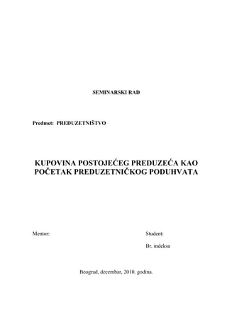 Kupovina postojećeg preduzeća kao početak preduzetničkog poduhvata