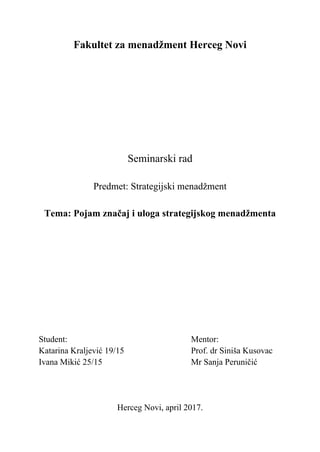 Pojam, značaj i uloga strategijskog menadžmenta