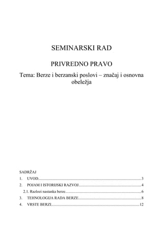 Berze i berzanski poslovi – značaj i osnovna obeležja