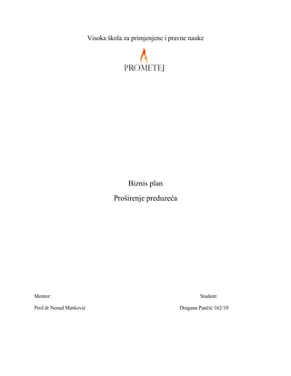 Biznis plan – Proširenje preduzeća