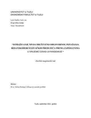 Nivo društveno odgovornog ponašanja bosanskohercegovačih preduzeća prema zaposlenima u vrijeme COVID-19
