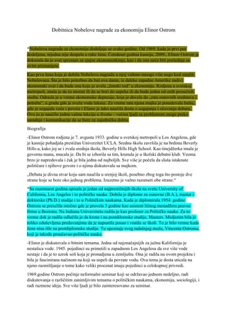 Elinor Ostrom – prva žena dobitnica Nobelove nagrade za ekonomiju