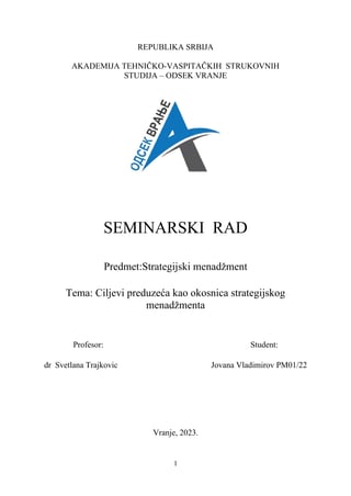 Ciljevi preduzeća kao okosnica strategijskog menadžmenta