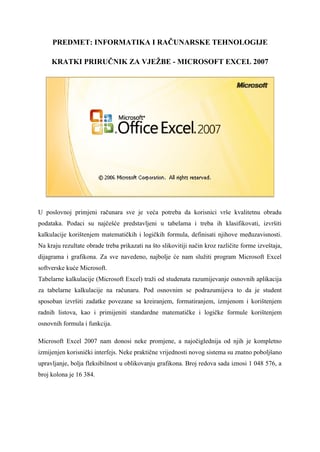 Kratki priručnik za vježbe – Microsoft Excel 2007