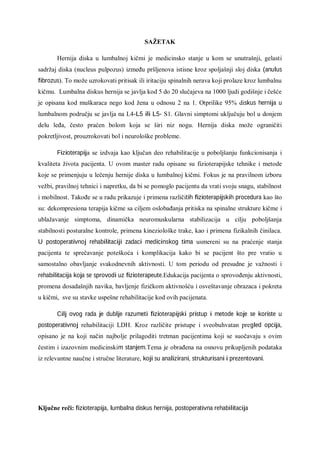 Postoperativna rehabilitacija pacijenata  obolelih od lumbalne diskus hernije