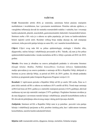 Mortalitet od reumatidnog artritisa u Srbiji u periodu od 2019. do 2019.godine
