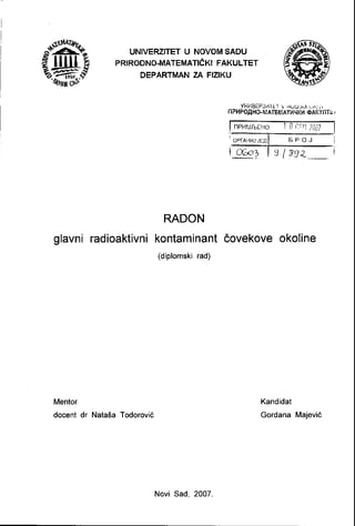 Radon – glavni radioaktivni kontaminant čovekove okoline