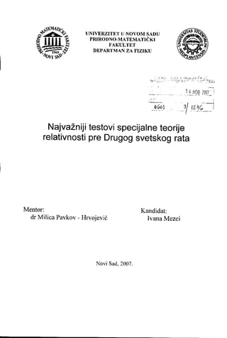 Najvažniji testovi specijalne teorije relativnosti pre Drugog svetskog rata