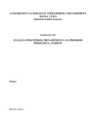 Analiza strateškog menadžmenta na primeru preduzeća “Pađeni”