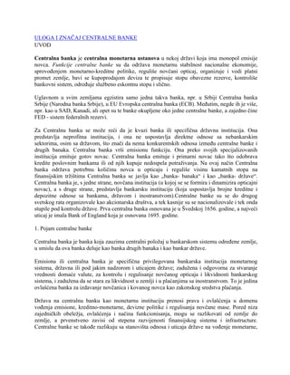 Uloga i značaj Centralne banke