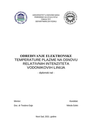 Određivanje elektronske temperature plazme na osnovu relativnih intenziteta vodonikovih linija